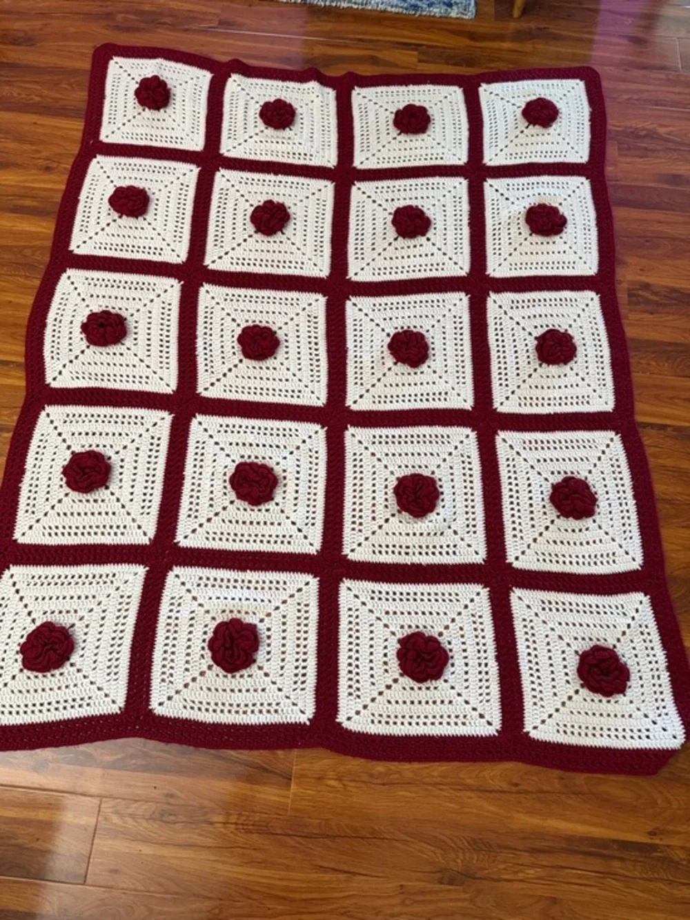 Handmade Crochet Floral Square Throw - Cream & Burgundy